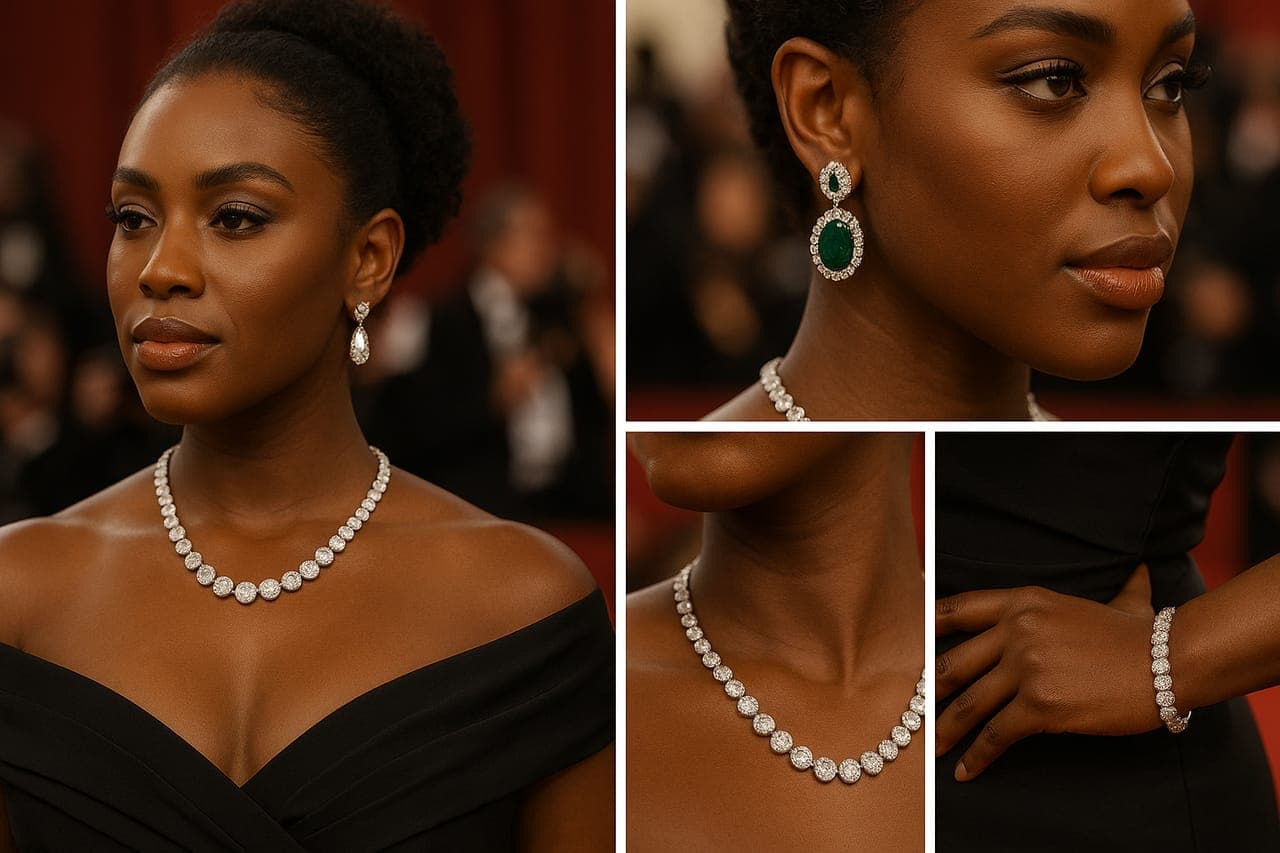 A woman in a black off-shoulder gown on a red carpet wearing a graduated diamond rivière necklace, emerald-and-diamond drop earrings and a diamond bracelet